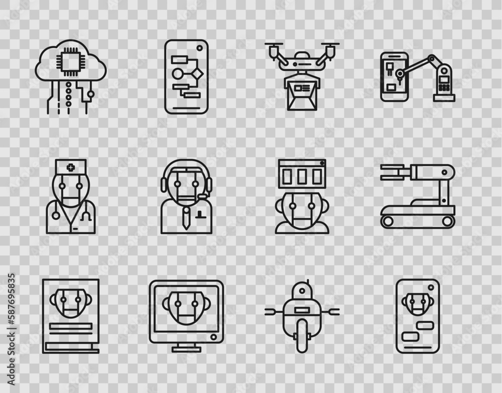 Poster set line user manual, bot, drone delivery concept, internet of things, worker robot, robot and icon.