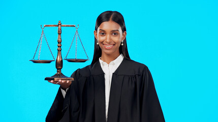 Portrait, balance scale or happy woman lawyer in studio for justice system, career services or...
