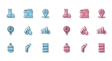 Set line Propane gas tank, Gasoline pump nozzle, Oil petrol test tube, Barrel oil, drop with dollar symbol, Pie chart infographic and, Motor gauge and Canister for motor machine icon. Vector