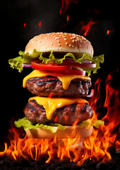 Doubble burger on barbecue grilled over the hot coals and fire. Generative Ai