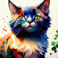 watercolor art, portrait of a cat.