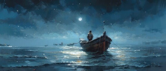 Simple life of fisherman at sea adrift in their boat near the shore at midnight, calm waves, quiet stillness, beautiful bright moonlight reflection on the ocean - generative ai