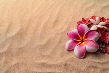 Fototapeta na wymiar frangipani flowers on the sand with generative ai