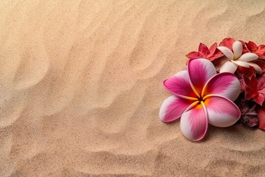 frangipani flowers on the sand with generative ai