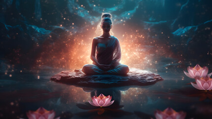 Woman in meditation. Magic background.