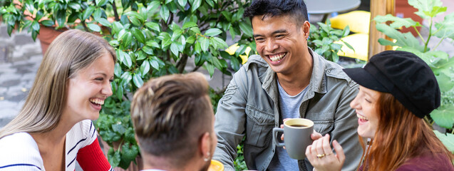 Horizontal banner or header with people group drinking american coffee and cappuccino at cafeteria bar garden - Happy friends talking and having fun together at hostel dehors