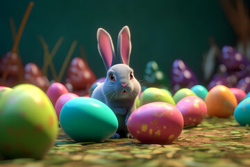 Fototapeta na wymiar Cute easter bunny with easter eggs, Generative AI