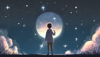 the boy holding glowing moon standing against hanging stars in the beautiful sky, digital art style, illustration painting, Generative AI
