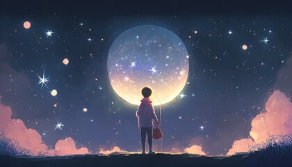 the boy holding glowing moon standing against hanging stars in the beautiful sky, digital art style, illustration painting, Generative AI