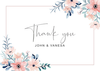 Thank you card with peach flower watercolor frame
