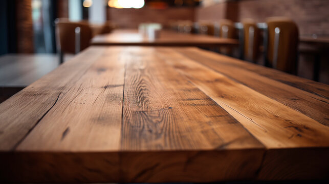 cozy wooden table setup, perfect for a cafe or restaurant decor. Empty wood table top on blur light bokeh of cafe, coffee shop or restaurant in dark background. Generative ai