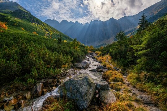Beautiful landscape with high mountains with illuminated peaks, stones in mountain creek, blue sky and yellow sunlight in suunset. Amazing scene with Tatras mountains