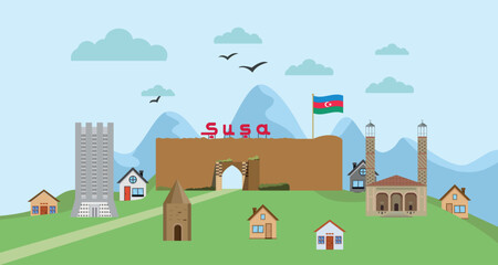 Obraz na płótnie Canvas Entrance logo of the city of Shusha and Azerbaijan flag graphic element Illustration template design 