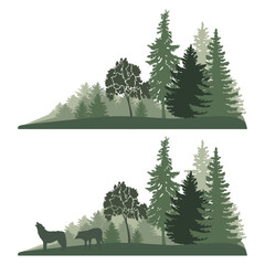 Forest landscape with wolf silhouettes , green colors, vector illustration.