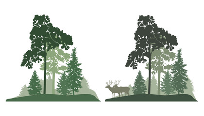 Forest landscape with deers silhouettes , green colors, vector illustration.