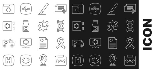 Set line X-ray shots with broken bone, Awareness ribbon, DNA symbol, Surgery scalpel, Medicine bottle and pills, Emergency Star of Life, Patient record and Joint pain, knee pain icon. Vector