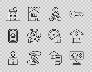 Fototapeta na wymiar Set line Realtor, Online real estate, Bicycle rental mobile app, House with shield, contract and dollar icon. Vector