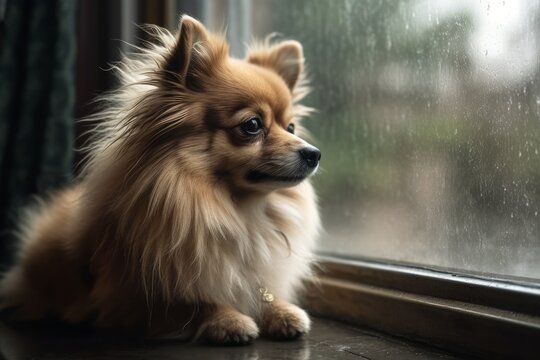 A cute Pomeranian chilling by the window on a rainy day in spring. Generative AI Illustration