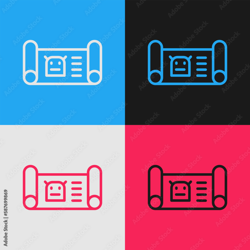 Poster pop art line robot blueprint icon isolated on color background. vector