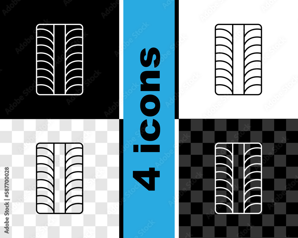 Poster Set line Car tire wheel icon isolated on black and white, transparent background. Vector