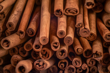 Cinnamon sticks Herb cover background closeup. Aromatic condiment background top view. Generative AI