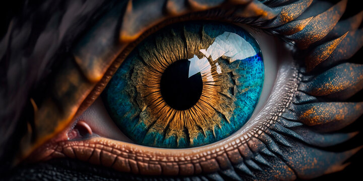 Dragon eye. 3d render of close up lizard eye. Fantasy monster looking. Macro photography of creature. Realistic colorful eye of evil dinosaur beast. Macro of angry magical animal.Generative AI
