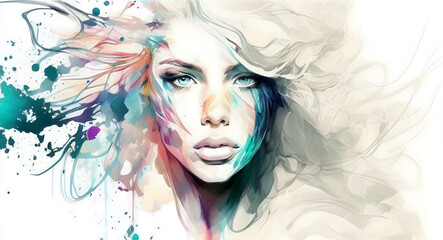 beauty woman portrait abstract watercolor style pastel colors illustration by Generative Ai