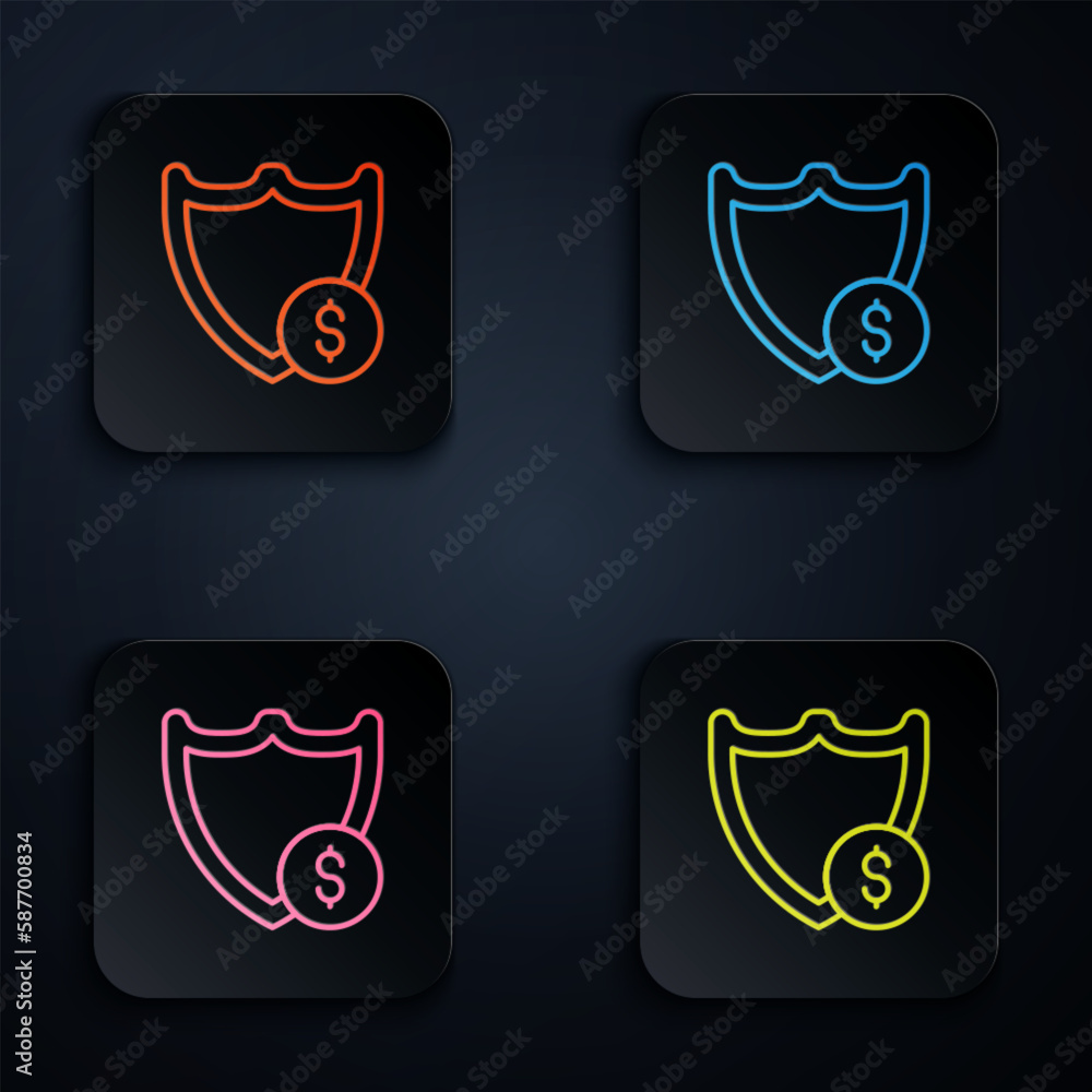 Poster color neon line shield with dollar symbol icon isolated on black background. security shield protect