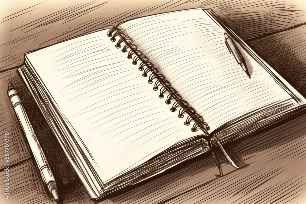 Poster illustration of an open notebook with a pen on top, ready for writing. generative ai