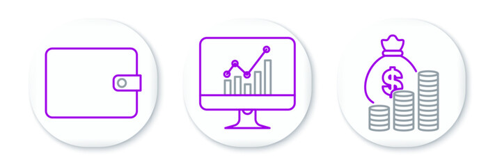 Set line Money bag and coin, Wallet and Computer monitor with graph chart icon. Vector