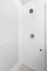 A bathroom's walk-in shower with white subway and grey arabesque tiles on the walls.