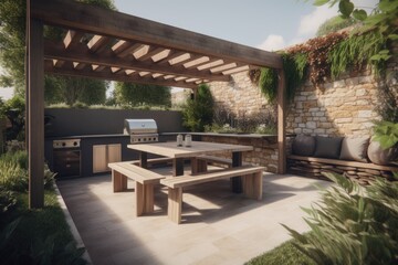 cozy outdoor patio with a table, grill and bench. Generative AI