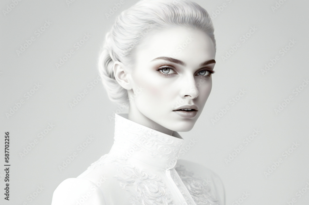 Poster portrait of an elegant lady dressed in white. fictional character. created with generative ai techno