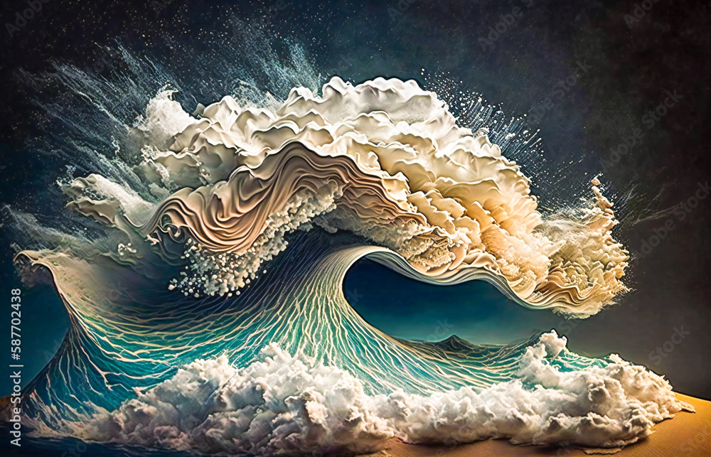 Poster abstract stylized ocean waves and clouds. created with generative ai technology.