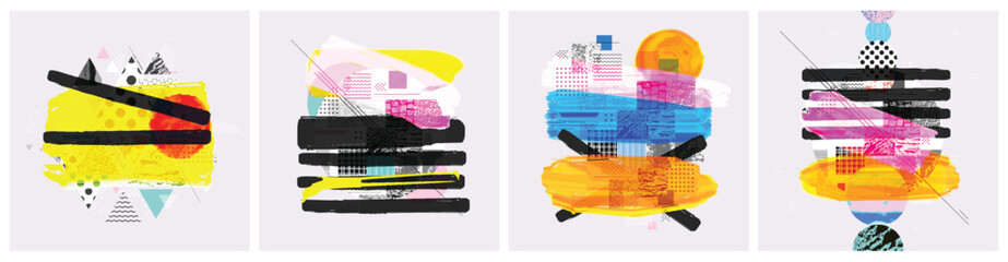 Colorful abstract geometric shapes and lines composition. Abstraction with bright cutout organic elements and irregular forms with different textures. Set of artistic collages. Vector cards