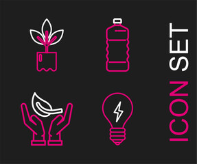 Set line Light bulb with lightning symbol, Sprout hand of environmental protection, Plastic bottle and Plant icon. Vector