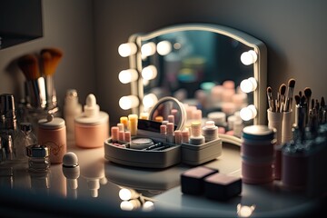 Make up products on a modern vanity table with a mirror surrounded.Generative AI