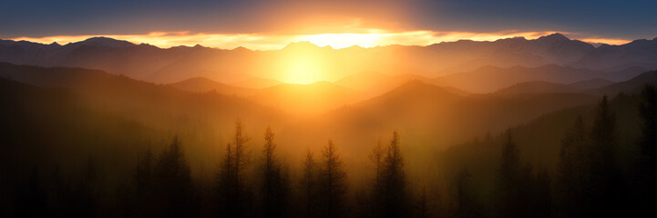 Naklejka na ściany i meble Sunset in the mountains, ai generation, panoramic