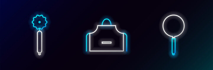Set line Frying pan, Pizza knife and Kitchen apron icon. Glowing neon. Vector