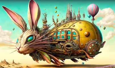 Steampunk easter bunny background. Futuristic hare flying city with hot air balloons and 3d surreal panorama with colorful gradient. Technological fantasy of festive automaton robot