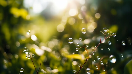 Obraz premium Beautiful soap bubbles on green meadow. Colorful bokeh background. Macro photo of water drops with bokeh background. Created using Generative AI technology.