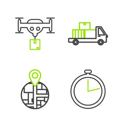 Set line Stopwatch, Delivery truck with cardboard boxes and drone the package icon. Vector