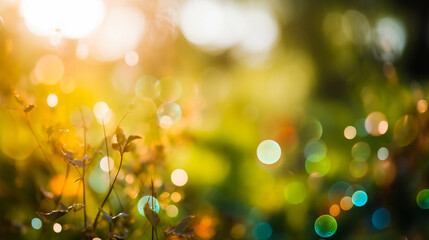Obraz premium Beautiful soap bubbles on green meadow. Colorful bokeh background. Macro photo of water drops with bokeh background. Created using Generative AI technology.