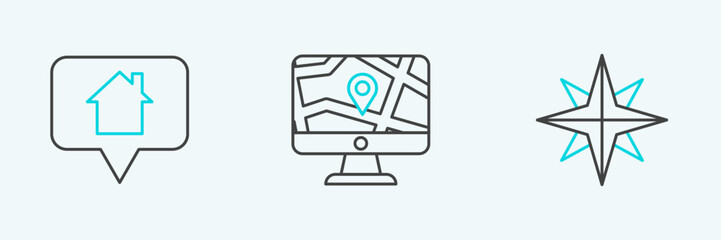 Set line Wind rose, Map pointer with house and Medical map cross hospital icon. Vector