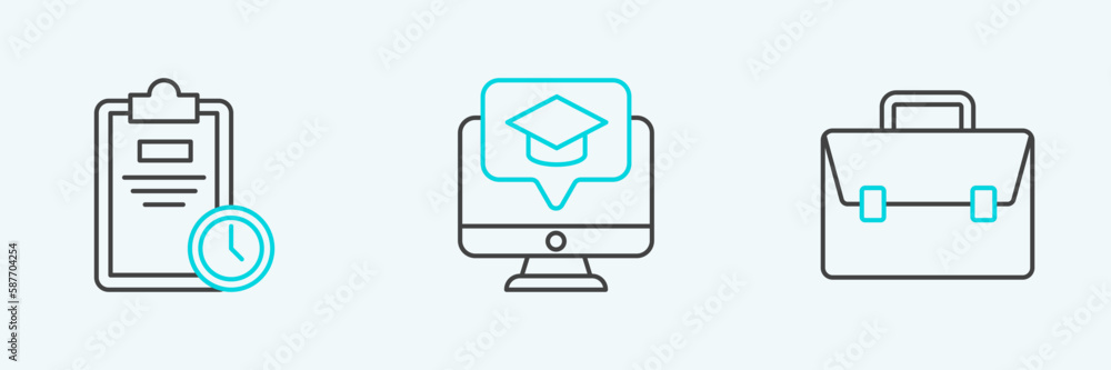 Poster set line briefcase, exam sheet with clock and monitor graduation cap icon. vector