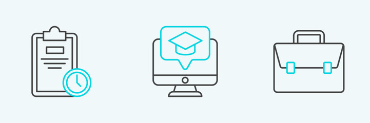 Set line Briefcase, Exam sheet with clock and Monitor graduation cap icon. Vector