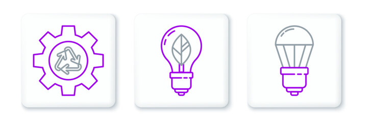 Set line LED light bulb, Recycle symbol and gear and Light with leaf icon. Vector
