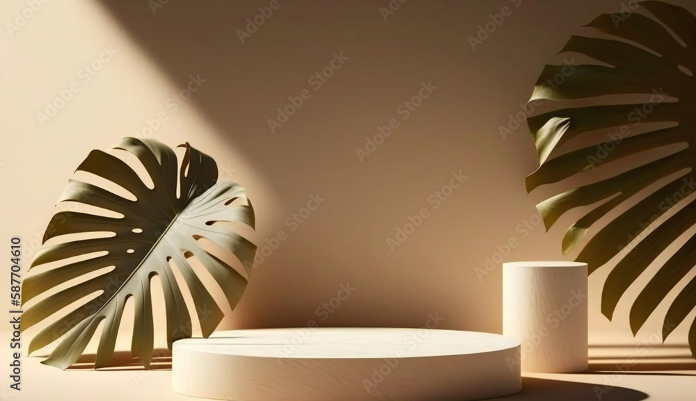 Poster podium template with foliage drop shadow for product. beauty mockup with empty tray presentation. ge