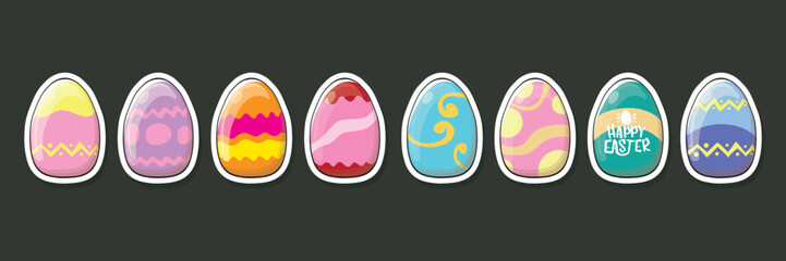 Set of color hand drawn Easter eggs with different texture isolated on grey background. Spring holiday. Vector Illustration. Happy easter eggs horizontal banner