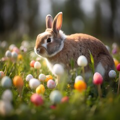 Easter cute rabbit sits with eggs on the background of spring nature. Created with generative AI.